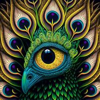 close up portrait of psychedelic Peacock , optical illusion background simetric front view photo
