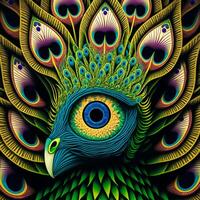 close up portrait of psychedelic Peacock , optical illusion background simetric front view photo