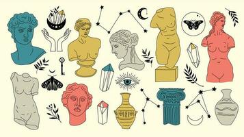 Greek ancient sculpture mystic set. Hand drawn illustrations of antique classic statues in trendy bohemian style. Boho tattoo art. Heads, branch, vase, column, hands, body, stars. vector