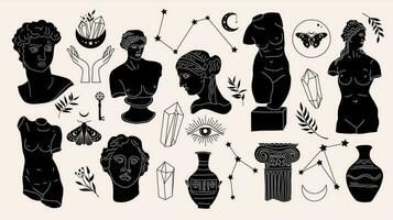 Greek ancient sculpture mystic set. Hand drawn illustrations of antique classic statues in trendy bohemian style. Boho tattoo art. Heads, branch, vase, column, hands, body, stars. vector