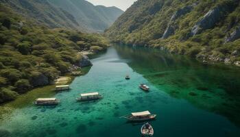 Mountain peak reflection in tranquil blue water generated by AI photo