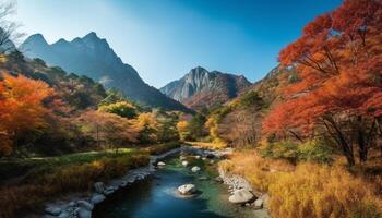 Vibrant autumn colors adorn tranquil mountain meadow generated by AI photo