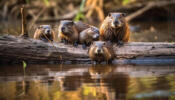 Beaver family enjoys pond in tranquil forest generated by AI photo