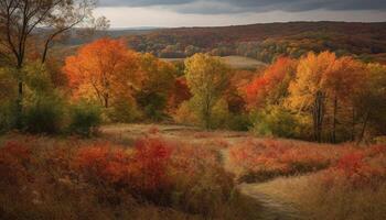 Vibrant autumn landscape, tranquil meadow, colorful trees generated by AI photo