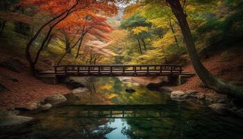 Vibrant autumn colors adorn tranquil forest footpath generated by AI photo