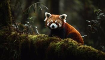 linda rojo panda sentado en bambú rama generado por ai foto