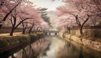 Cherry blossom tree reflects in tranquil water generated by AI photo