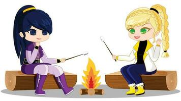 Two Friends Enjoying Campfire and Making S'mores -Cozy Illustration vector