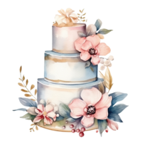 Aquarell Hochzeit Kuchen mit Blumen. Illustration ai generativ png