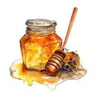 Watercolor honey jar with spoon. Illustration png