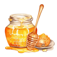 Watercolor honey jar with spoon. Illustration png