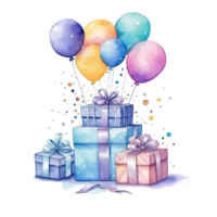 aguarela feliz aniversário presente caixas com balões. ilustração ai generativo png