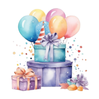 Watercolor Happy Birthday Gift Boxes with Balloons. Illustration AI Generative png