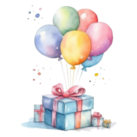 Watercolor Happy Birthday Gift Boxes with Balloons. Illustration png