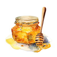 Watercolor honey jar with spoon. Illustration png