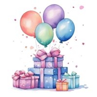waterverf gelukkig verjaardag geschenk dozen met ballonnen. illustratie ai generatief png