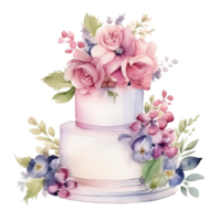 Aquarell Hochzeit Kuchen mit Blumen. Illustration ai generativ png