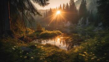 Tranquil scene of autumn forest by pond generated by AI photo