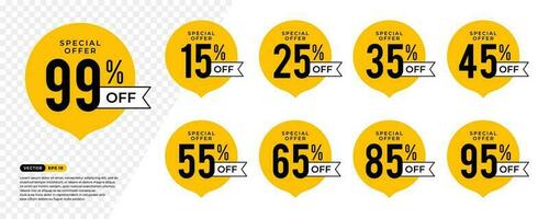 Discount Sticker of Special Offer 25 Percent Off . 15, 25, 35, 45, 55, 65, 85, 95 percent. Black and Yellow Tag, Price Discount Label. Vector Illustration
