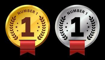 gold label with number one. golden or silver badge template with ribbon. Vector illustration