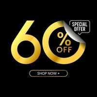 60 Percent Off Discount. Golden Numbers With Percent Sign And Unique Zeros In Black Background. Special Offer. Vector Illustration