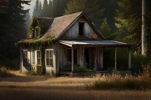 A photograph of an abandoned house nestled in the heart of a forest. photo