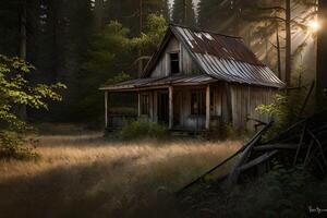 A photograph of an abandoned house nestled in the heart of a forest. photo