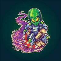 Astronaut alien rush on space with magic mushroom logo illustrations vector illustrations for your work logo, merchandise t-shirt, stickers and label designs, poster, greeting cards advertising