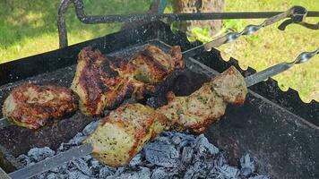 Grilled baked meat strung on skewers is grilled with hot coals and smoke. The skewers spin automatically. video