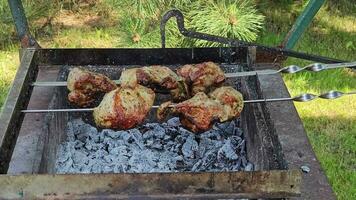 grillé cuit Viande enfilé sur brochettes est grillé avec chaud charbons et fumée. le brochettes tourner automatiquement. video