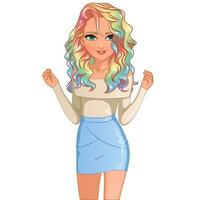 Rainbow Hairstyle Female Cute Cartoon Character. Vector Illustration