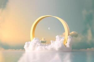natural podium background product display with a dreamy cloud arch frame photo