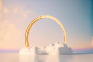 natural podium background product display with a dreamy cloud arch frame photo