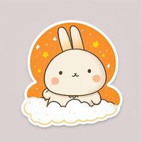 sticker a super cute and happy white fairy rabbit baby wearing a orange sweater and hat photo