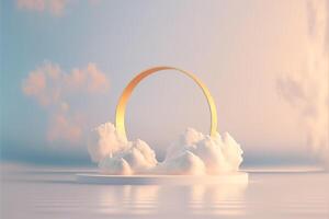 natural podium background product display with a dreamy cloud arch frame photo