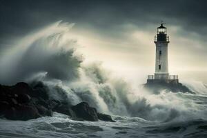 faro durante un tormenta ai generativo foto