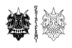 black and white oni demon among shinigami mask in Japanese style. line art and silhouette. used for decoration, mascot logo, clothing and t-shirt design vector