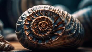 Spiral seashell, ancient souvenir, beautiful abstract pattern generated by AI photo