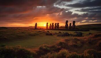 Majestic meadow, ancient ruin, dramatic sky, tranquility generated by AI photo