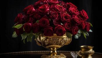 Bouquet of elegance on wooden table centerpiece generated by AI photo