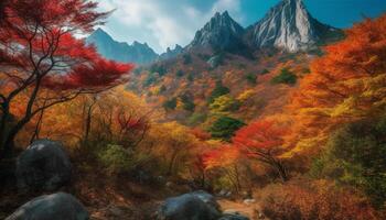 Vibrant autumn colors on majestic mountain peak generated by AI photo