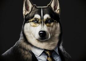 businessman anthropomorphic husky dog man portrait wearing a black suit tie glasses photo