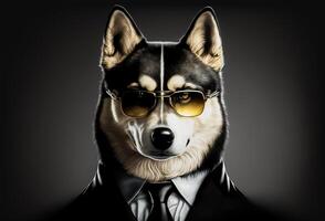 un empresario antropomórfico con un perro cabeza vistiendo un negro traje Corbata lentes ai generado foto