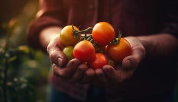 One man holding ripe tomato, close up freshness generated by AI photo