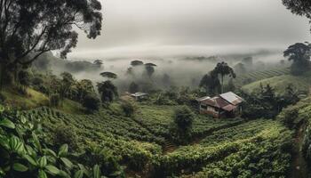 Green tea fields on misty mountain slopes generated by AI photo