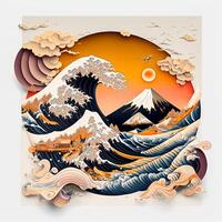 Paper Cut Mountain Landscape with Glowing Sunset Sky photo