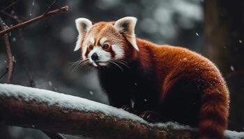 Young red panda sitting on snowy branch generated by AI photo