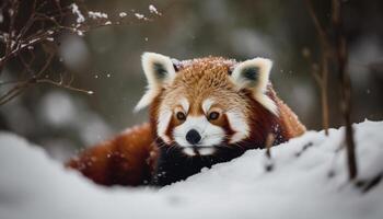 rojo zorro sentado en nieve cubierto rama generado por ai foto