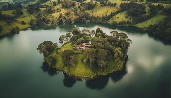 Green mountain range reflects in tranquil pond below generated by AI photo