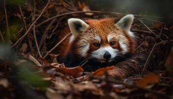 Fluffy red panda sitting on tree branch generated by AI photo